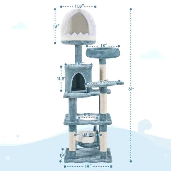Yaheetech 61inch Multi-Level Ocean-themed Cat Tree, Blue image {2}