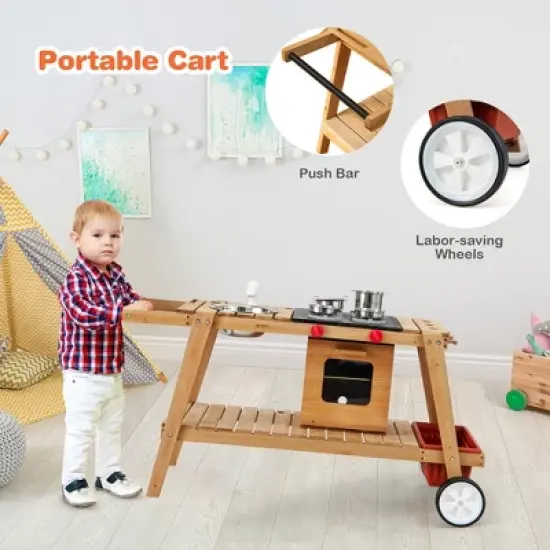 Costway Kid's Play Trolley Outdoor Wooden Kids Play Cart with Sun Umbrella  for Toddlers 3+ image {5}