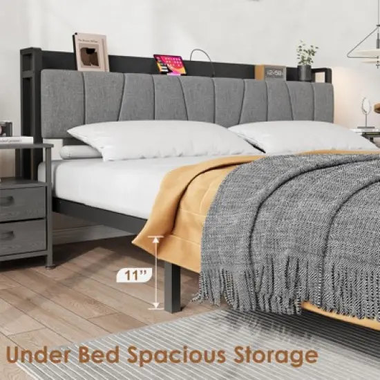 Bed Frame with Storage Headboard, Industrial Full Platform Bed with 2 Large Drawers and Charging Station, Black image {5}