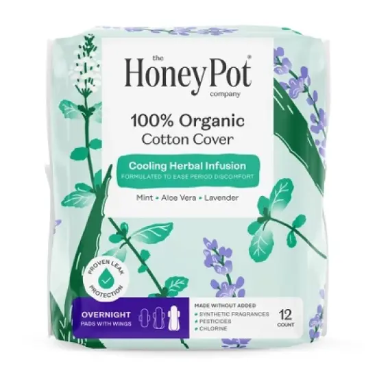 The Honey Pot Company 100% Organic Cotton Cover Cooling Herbal Infusion Overnight Pads - 12ct image {15}