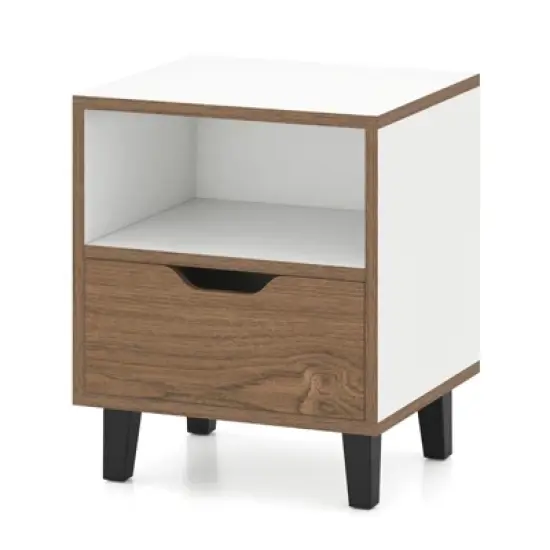 Tangkula Nightstand Mid Century Modern Bedside Table w/ Drawer Open storage Shelf image {5}