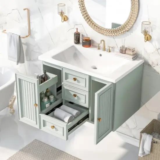 30" Wall-Mounted Bathroom Vanity with Ceramic Sink and Functional Drawers, Mint Green - ModernLuxe image {1}
