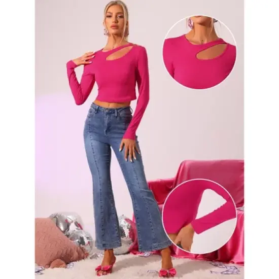 Allegra K Women's Casual Long Sleeve Cut Out Slim Fitted Basic Crop Tops image {1}