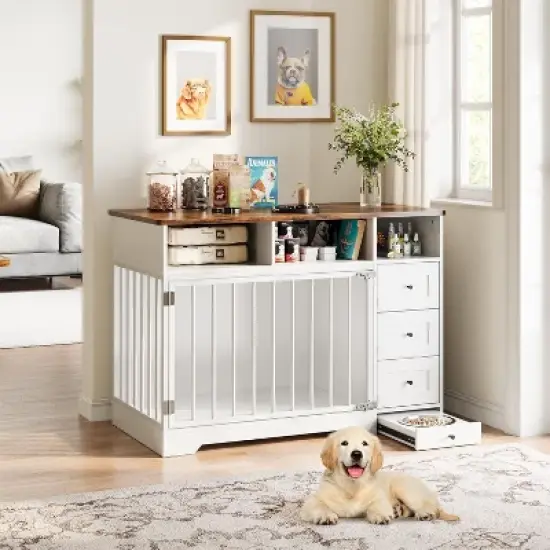 Acekool 48" Farmhouse Dog Crate - Kennel with Storage & Feeding Bowls ( image {7}