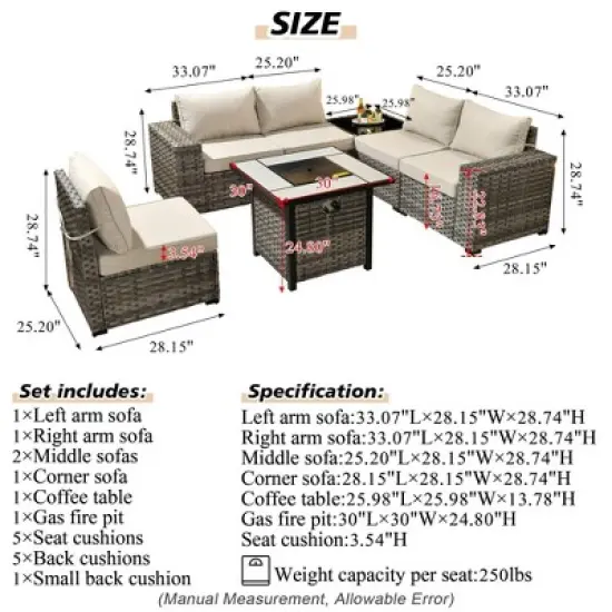 Marlton 7pc Wicker Outdoor Patio Furniture Set Conversation Sofa Set with a Fire Pit and Cushions image {11}