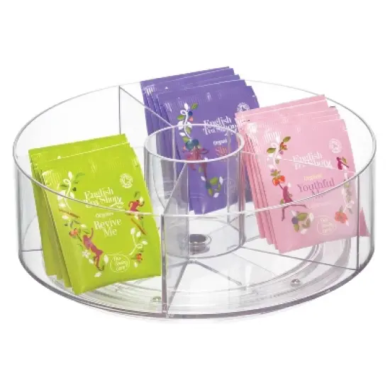 iDESIGN Cabinet Binz Divided Rotating Turntable Tea Packet Organizer Clear: Plastic Kitchen Storage, 9"x9"x3" image {1}