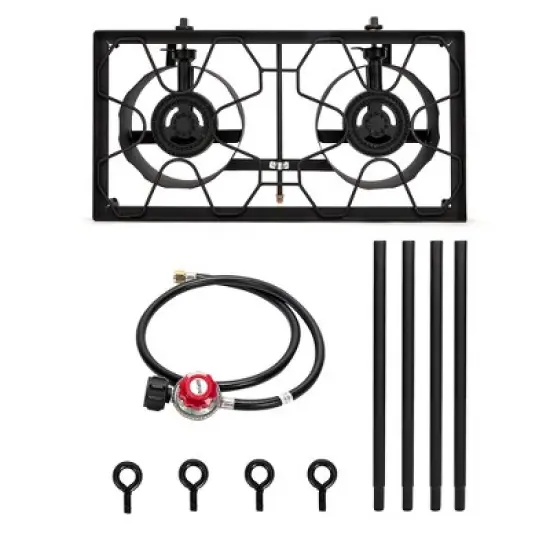 KTMBDW Outdoor Camp Stove High Pressure Propane Gas Cooker Portable Cast Iron Patio Cooking Burner (Double Burner 150000-BTU), Black image {5}