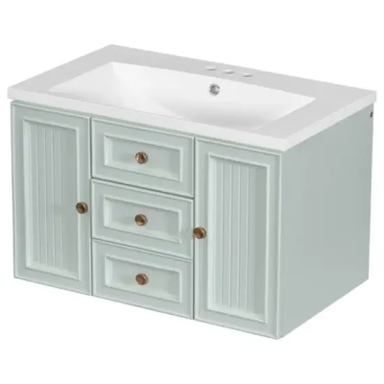 30" Wall-Mounted Bathroom Vanity with Ceramic Sink and Functional Drawers, Mint Green - ModernLuxe image {6}