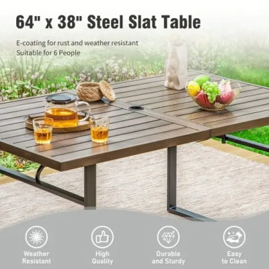 Captiva Designs 7pc Patio Wood-look Steel Dining Table with Umbrella Hole & Stackable Chairs with Bull's Eye Pattern image {12}