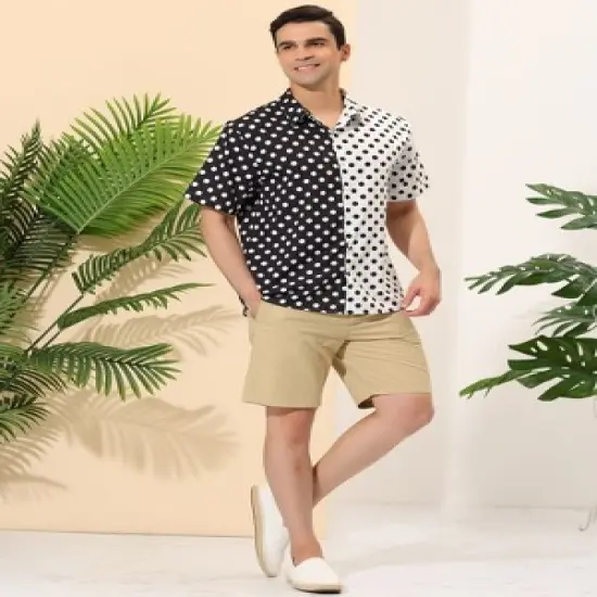 Lars Amadeus Men's Summer Polka Dots Short Sleeves Button Down Patchwork Hawaiian Shirt image {3}