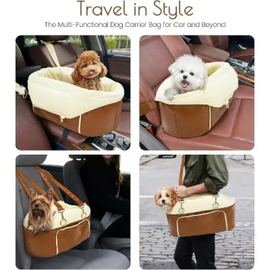 MaseiKar Dog Car Seat for Small Dogs, Washable Pelsbarn Dogs Bed with Non-Slip Base, Waterproof Dog Booster Seat for Car with Storage Pockets,Brown image {5}