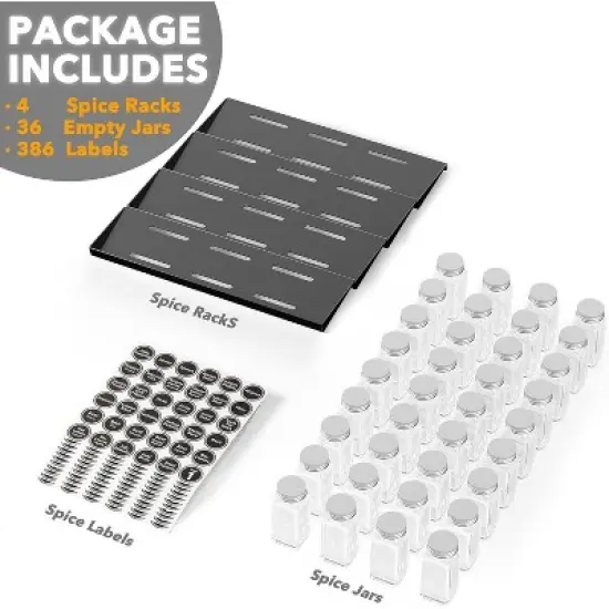 Spice Drawer Organizer with 36 Glass Spice Jars, 386 Labels, for Kitchen Drawers,Black image {6}