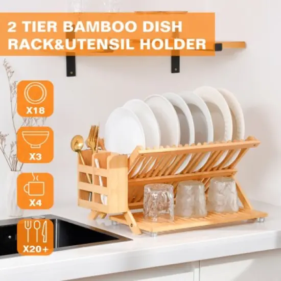 KTMBDW Bamboo Dish Drying Rack, 3 Tier Collapsible Dish Rack with Utensil Holder, Wooden Dish Drying Rack for Kitchen Counter, Dish Drainer, Natural image {5}