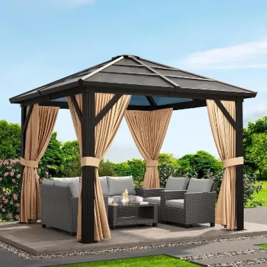10x10ft Hardtop Gazebo, Outdoor Canopy Aluminum Frame Permanent Gazebo with Netting and Curtains, Polycarbonate Garden Tent for Patio Lawn Backyard image {1}