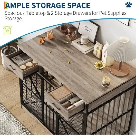 Acekool 44" Dog Crate Furniture with Drawers, Double Doors, Open Compartment, Heavy Duty Indoor Dog House End Table, Brown & Black image {2}