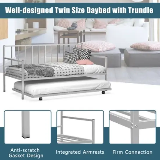 Costway Twin Metal Daybed with Roll Out Trundle Heavy Duty Frame Sofa Bed Set image {6}