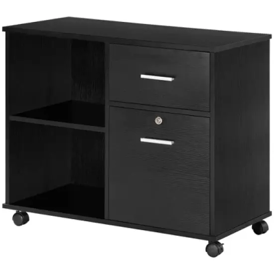 Vinsetto Lateral File Cabinet with Wheels, Mobile Printer Stand with Open Shelves and Drawers for A4 Size Documents, Black image {3}