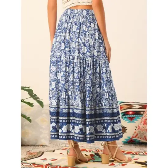Allegra K Women's Summer Floral Boho Tassels Elastic Waist Casual Maxi Skirts image {2}