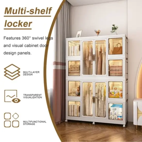 KWPZQEB Large Wardrobe Closet Organizer with Transparent Doors and Wheels, Collapsible Plastic Wardrobe Cabinet with Hanging Rod for Bedroom, White image {3}
