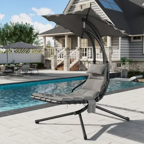 Chaise Lounger Swing Chair with Umbrella Canopy, Patio Hanging Chaise Lounger Chair with Stand, Curved Steel Outdoor Lounge Chairs for Indoor, Outdoor image {7}