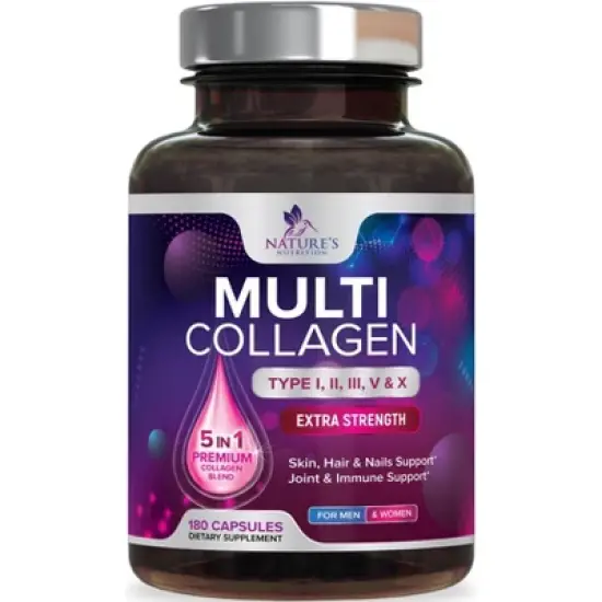 Multi Collagen Supplement, Type I, II, III, V, X Collagen Pills, Collagen Supplements, Hair, Skin, Nail & Joint - 180 Capsules By Nature's Nutrition image {9}