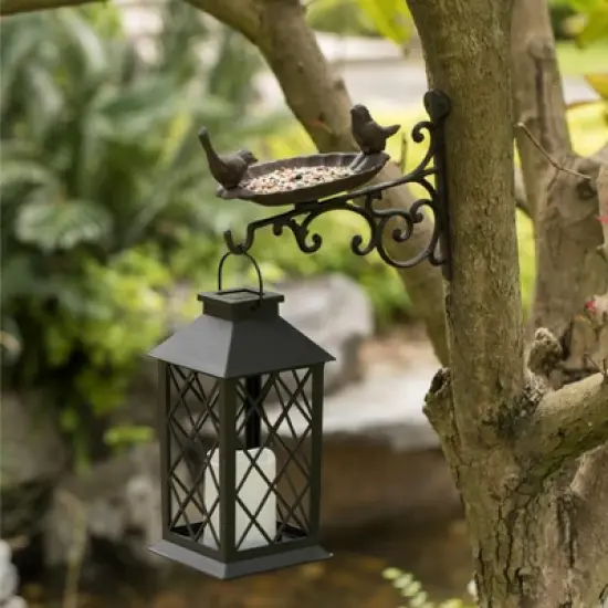 Gardenised Outdoor Garden Wall Mounted Hanging Iron Bird Bath and Feeder Decor, Bronze image {6}