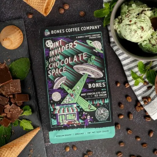Bones Coffee Company Mint Invaders Ground Coffee Beans Mint Chocolate Flavor 12 oz Medium Roast (Ground) image {2}
