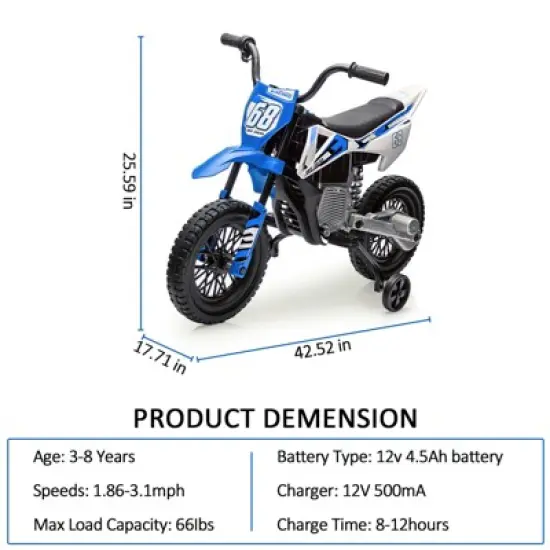 12V Kids Dirt Bike, Electric Ride on Motorcycle with Training Wheels image {6}