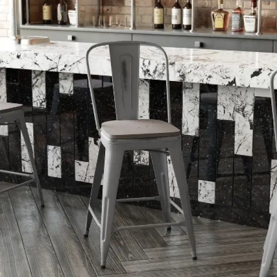 Emma and Oliver Clear Coated Metal Stool with Backrest and Polyresin Seat for Indoor Use Only image {5}