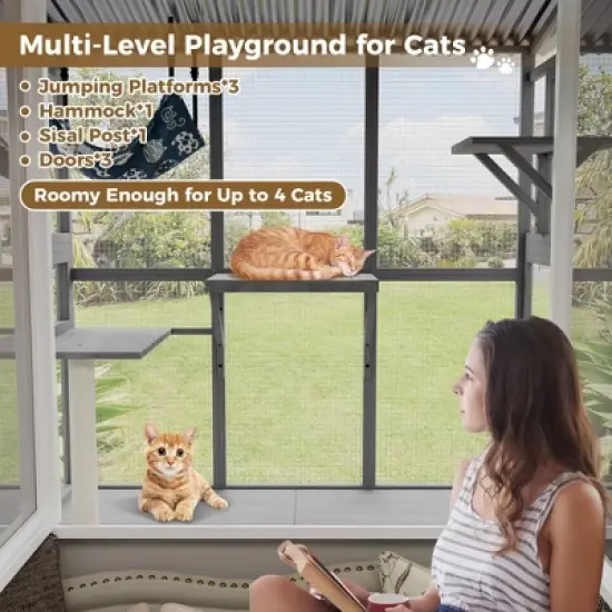 KTMBDW Cat Catio, 2-Tier Window Box Enclosure for Multiple Indoor Cats, Expandable Wooden Pet Perch House, Secure Comfortable Outdoor Haven, Gray image {2}