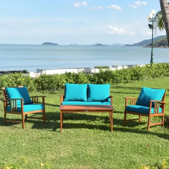 Tangkula 8pcs Wooden Patio Furniture Set Table & Sectional Sofa w/ Turquoise Cushion image {1}