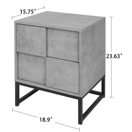 Modern Nightstand with Geometric Elements, Bedside Table with 2 Drawers, Cement Gray-ModernLuxe image {2}