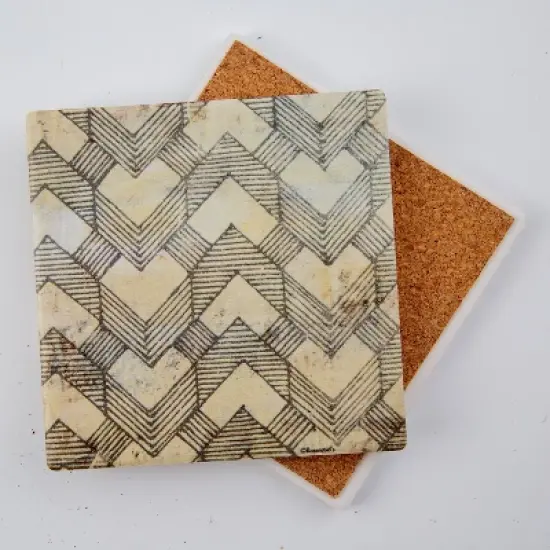 4pk Ceramic Geo Herringbone Print Coasters - Thirstystone: Absorbent Drink Coasters, Off-White, Hand Wash, 4.25" image {1}