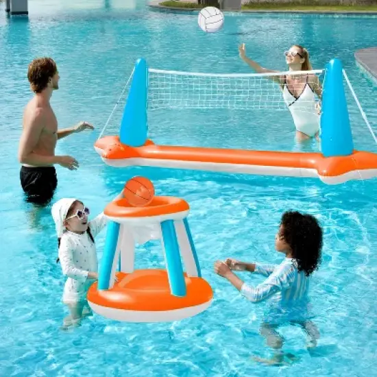 Joyfy Inflatable Pool Float Set Volleyball Net & Basketball Hoops, Floating Swimming Game Toy for Kids and Adults, Summer Floaties - Orange image {7}