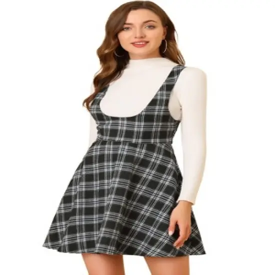 Allegra K Women's Pinafore Overall Tartan Checks Braces A-line Suspender Skirt image {6}