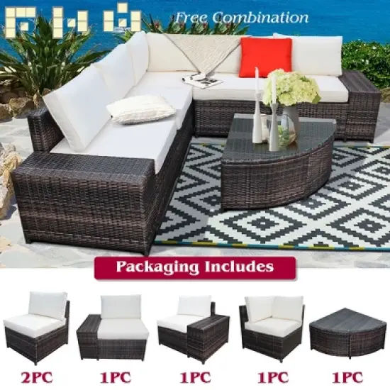 Costway 6PCS Rattan Furniture Set Conversation Cushioned Sofa Armrest Garden Turquoise\White image {8}