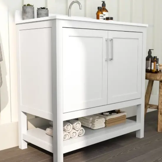 Merrick Lane Bathroom Vanity with Ceramic Sink, Carrara Marble Finish Countertop, Storage Cabinet with Soft Close Doors and Open Shelf image {4}