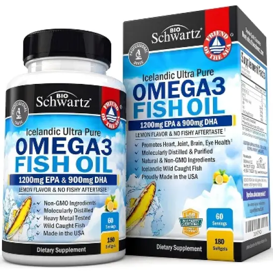 Omega 3 Fish Oil Softgels, 1200mg EPA and 900mg DHA Fatty Acid, Supports Joint, Eyes, Brain & Skin Health, Burp-less Lemon Flavor, Bioschwartz, 180ct image {4}