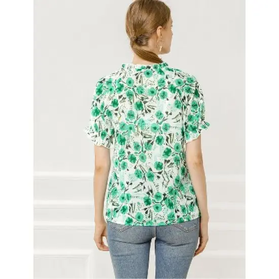 Allegra K Women's Floral Ruffled Short Sleeve Mock Neck Blouses image {4}
