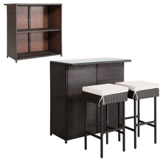 Tangkula 3PCS Patio Wicker Rattan Bar Set Table w/2 White Cushioned Stools image {2}