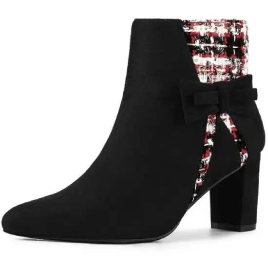 Allegra K Women's Plaid Pointed Toe Block Heels Ankle Boots image {7}