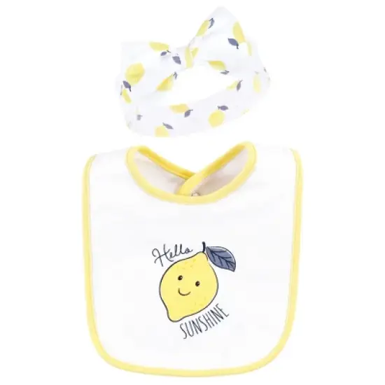 Hudson Baby Infant Girl Cotton Bib and Headband or Caps Set, Navy Lemon, One Size image {2}