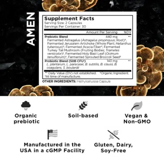 Amen SBO Probiotic 50 Billion CFUs + Organic Prebiotics Digestive Supplement - 60ct image {2}