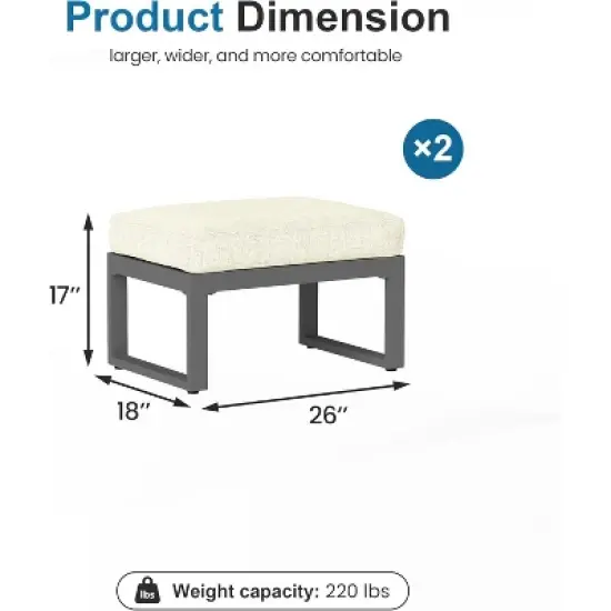 Heynemo 2 Pieces Aluminum Outdoor Patio Ottoman Set, Outdoor Foot Stools with Thick Cushion, Small Seat Furniture for Porch Balcony Backyard, Grey image {1}