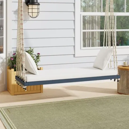 63" Acacia Wood Hanging Patio Swing Chair with Cushions & 10.8ft Hemp Ropes, Porch Swing Bench, 400 lbs Capacity image {18}