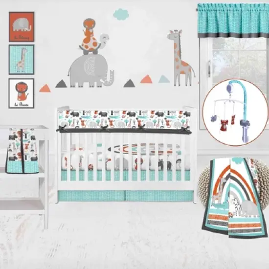 Bacati - Safari Animals Aqua/Orange/Gray Boys Cotton Long Crib Rail Guard Cover image {3}