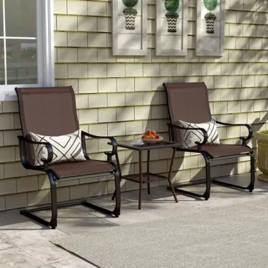 Costway Set of 2 Patio Chairs C-Spring Motion Chairs with Quick-drying & Breathable Fabric Brown/Gray image {1}