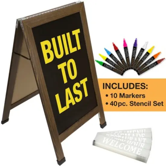 Excello Global Products Double-Sided 40x23 Heavy-Duty A-Frame Chalkboard Standing Sign,10 Chalk Markers, 40 Piece Stencils, Chalk and Eraser (Rustic) image {6}