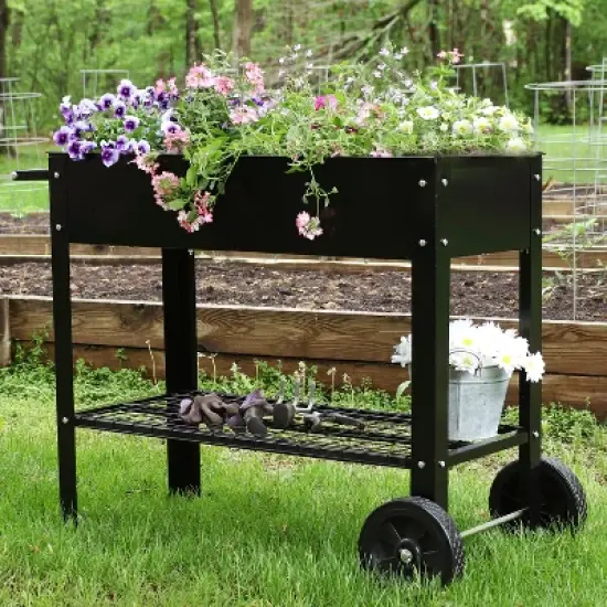 Sunnydaze Outdoor Galvanized Steel Raised Mobile Elevated Planter Cart with Handlebar and Wheels - 43" image {1}