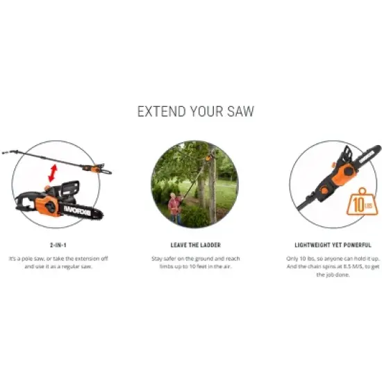 WG309 Worx 10" 2 in 1 Electric Chainsaw and Pole Saw Attachment with Auto-Tension, Rotating Handle and Safety Chain Brake image {1}